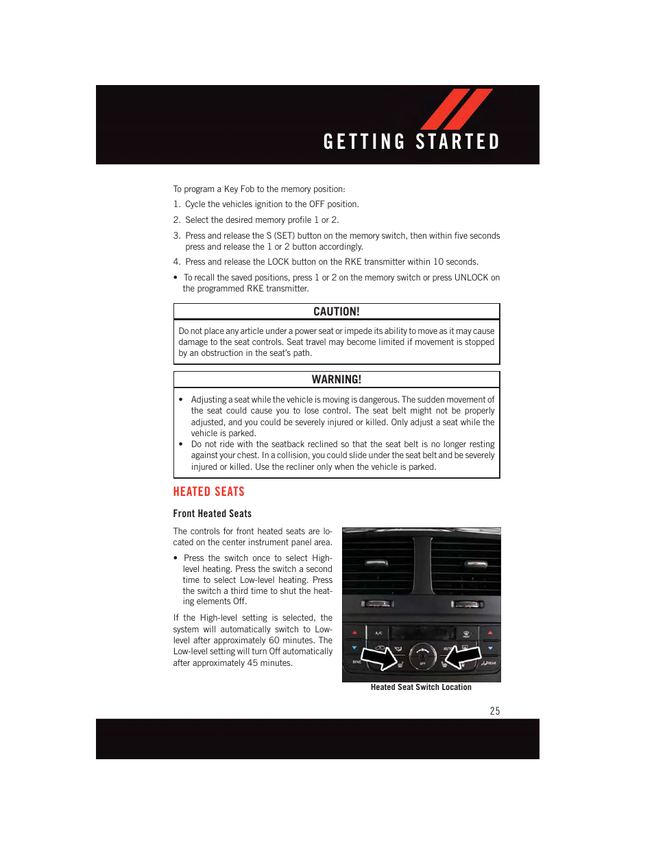 Heated seats, Front heated seats | Dodge 2015 Grand_Caravan - User Guide User Manual | Page 27 / 140