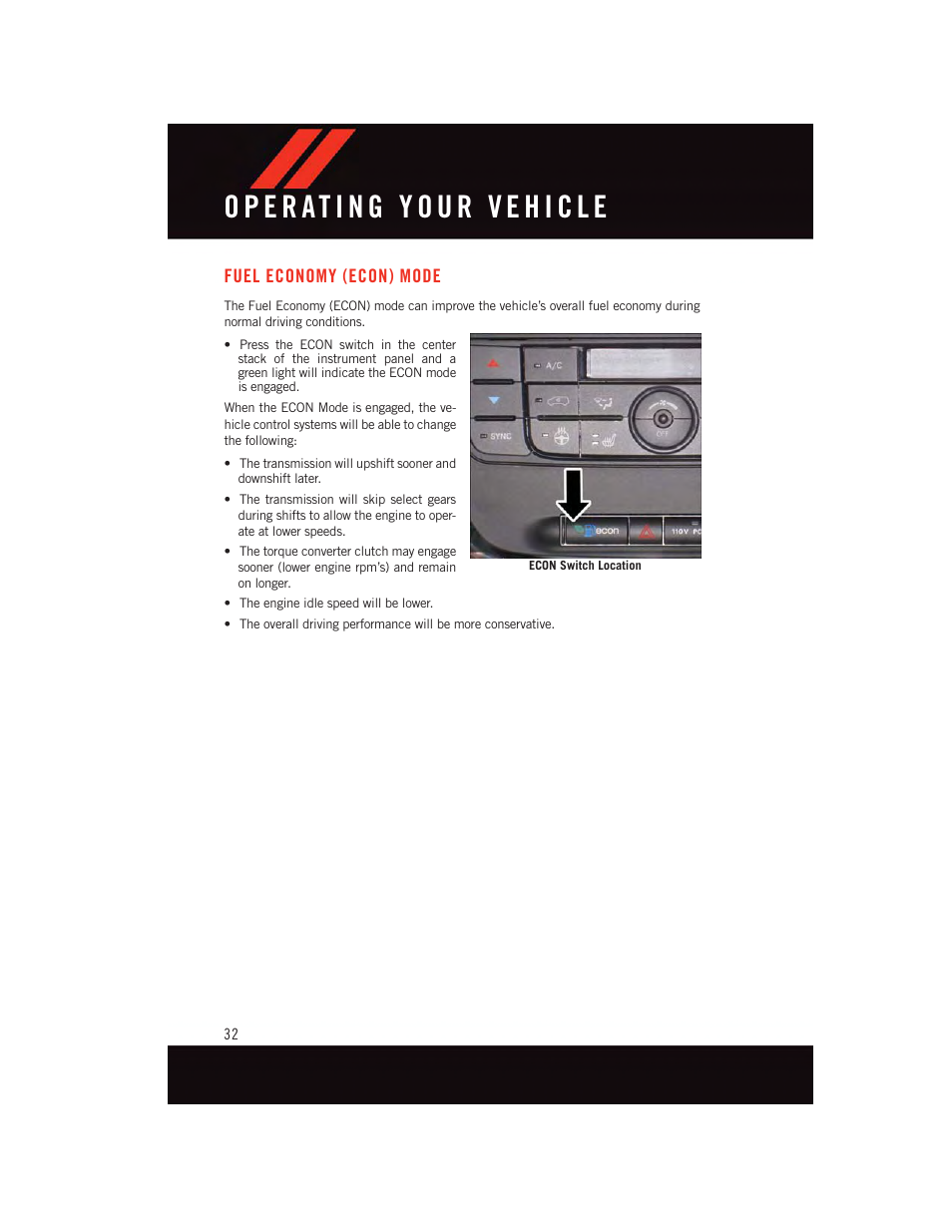 Fuel economy (econ) mode | Dodge 2015 Grand_Caravan - User Guide User Manual | Page 34 / 140