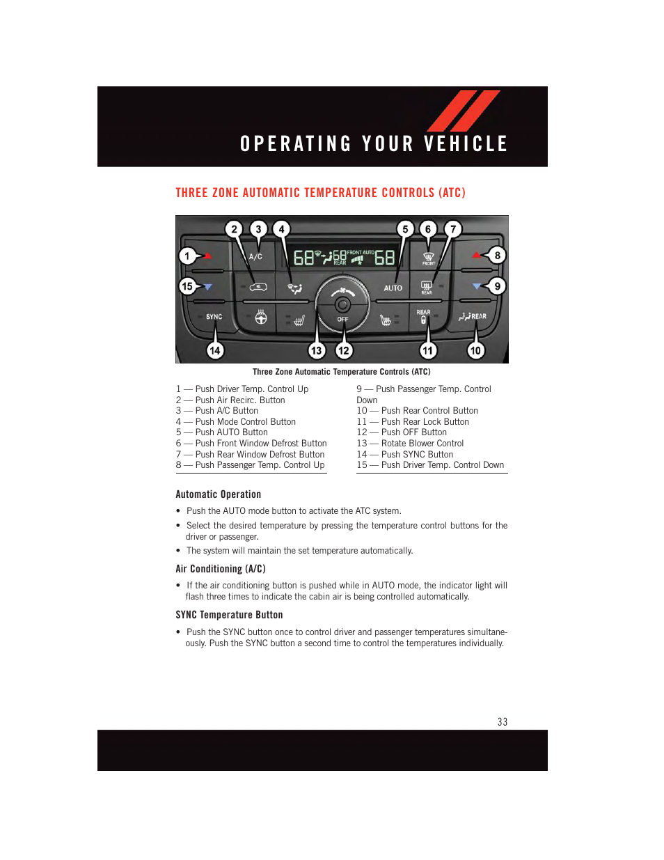 Three zone automatic temperature controls (atc), Automatic operation, Air conditioning (a/c) | Sync temperature button, Three zone automatic temperature, Controls (atc) | Dodge 2015 Grand_Caravan - User Guide User Manual | Page 35 / 140