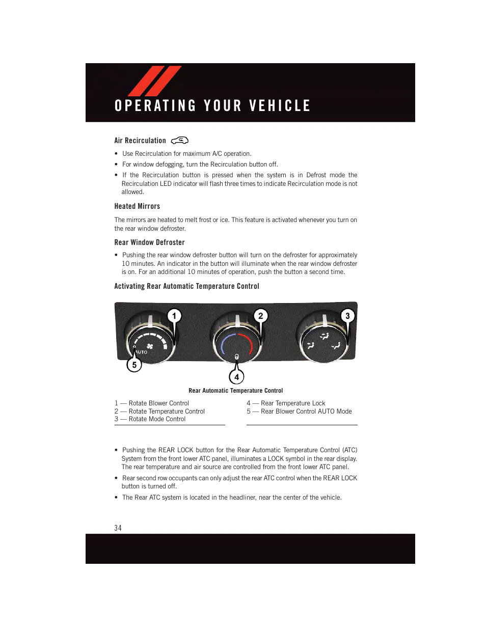 Air recirculation, Heated mirrors, Rear window defroster | Activating rear automatic temperature control | Dodge 2015 Grand_Caravan - User Guide User Manual | Page 36 / 140