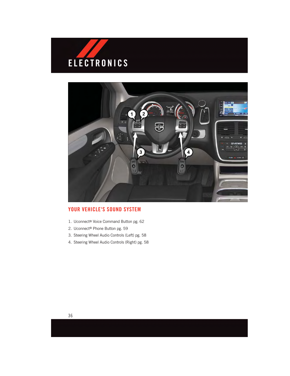 Electronics, Your vehicle's sound system | Dodge 2015 Grand_Caravan - User Guide User Manual | Page 38 / 140