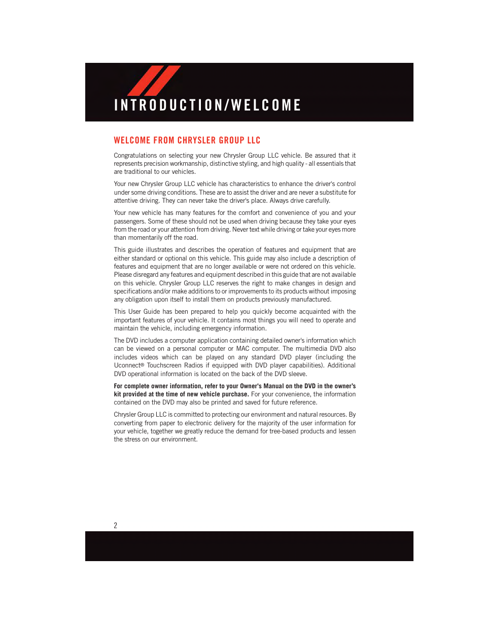 Introduction/ welcome, Welcome from chrysler group llc, Introduction/welcome | Welcome from chrysler group | Dodge 2015 Grand_Caravan - User Guide User Manual | Page 4 / 140