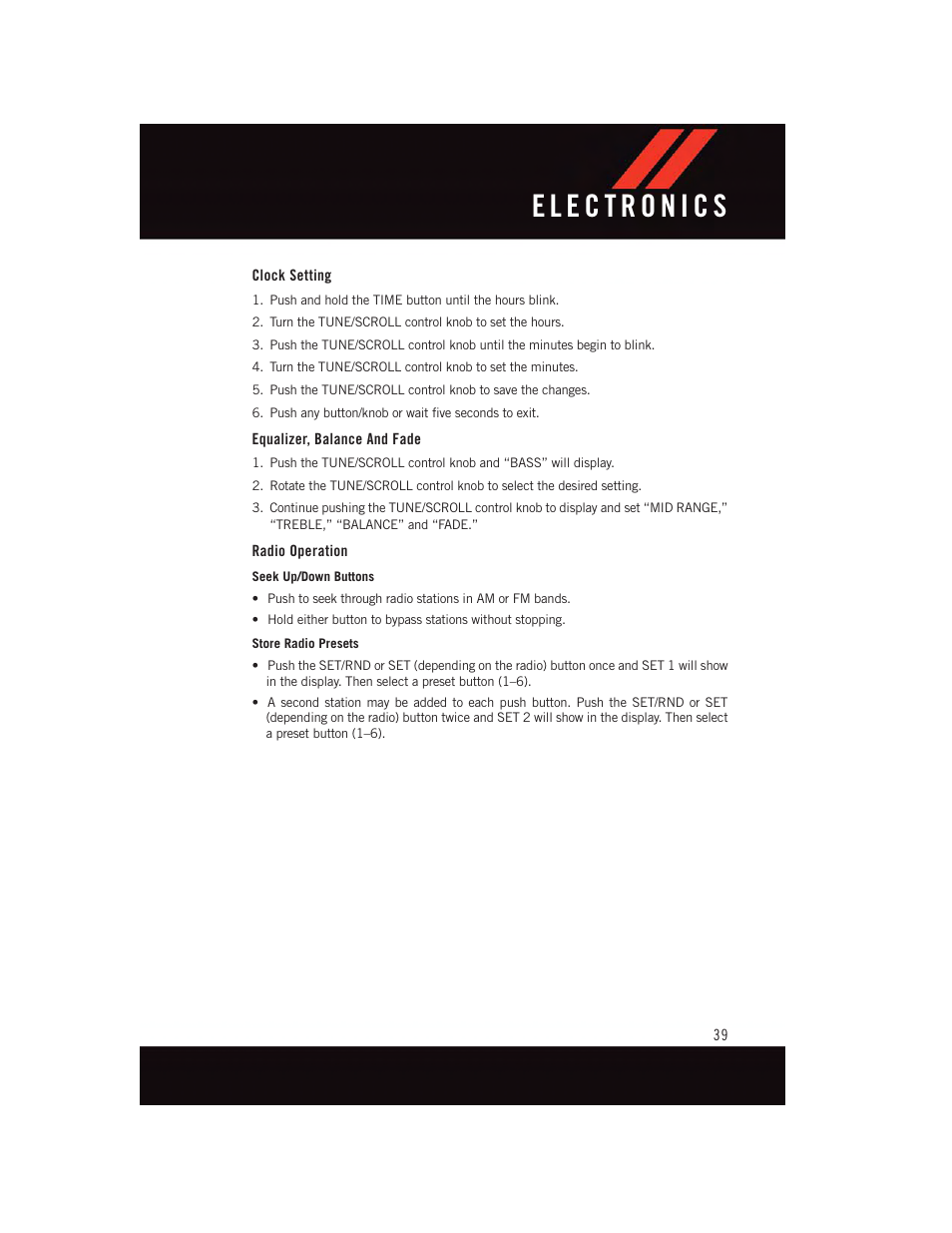 Clock setting, Equalizer, balance and fade, Radio operation | Dodge 2015 Grand_Caravan - User Guide User Manual | Page 41 / 140