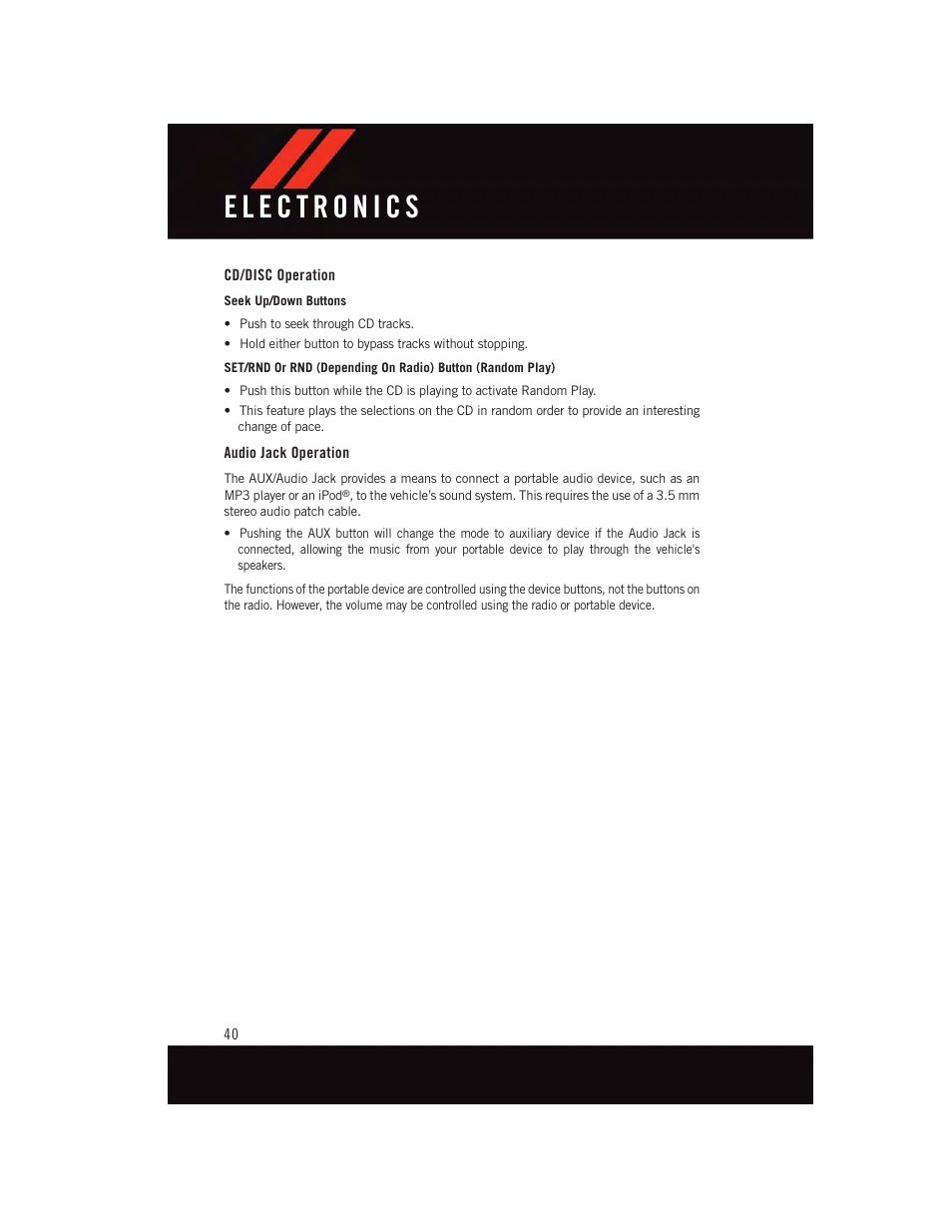 Cd/disc operation, Audio jack operation | Dodge 2015 Grand_Caravan - User Guide User Manual | Page 42 / 140