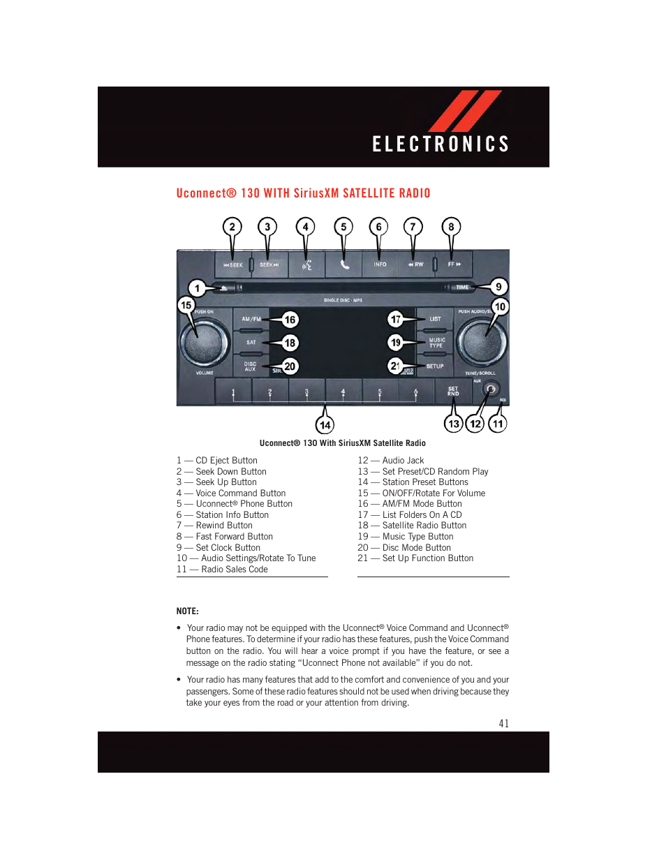 Uconnect® 130 with siriusxm satellite radio, Uconnect, 130 with siriusxm satellite | Radio | Dodge 2015 Grand_Caravan - User Guide User Manual | Page 43 / 140