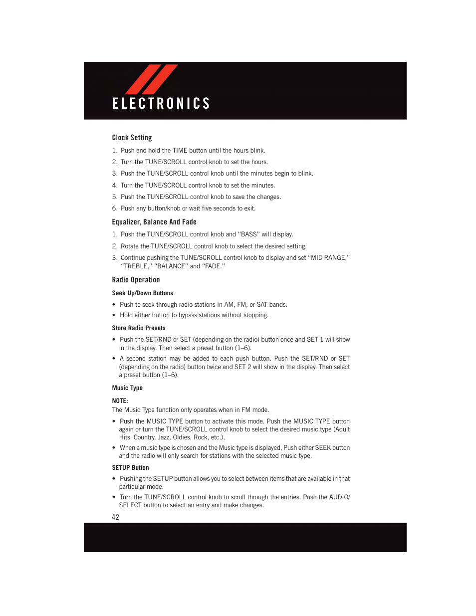 Clock setting, Equalizer, balance and fade, Radio operation | Dodge 2015 Grand_Caravan - User Guide User Manual | Page 44 / 140