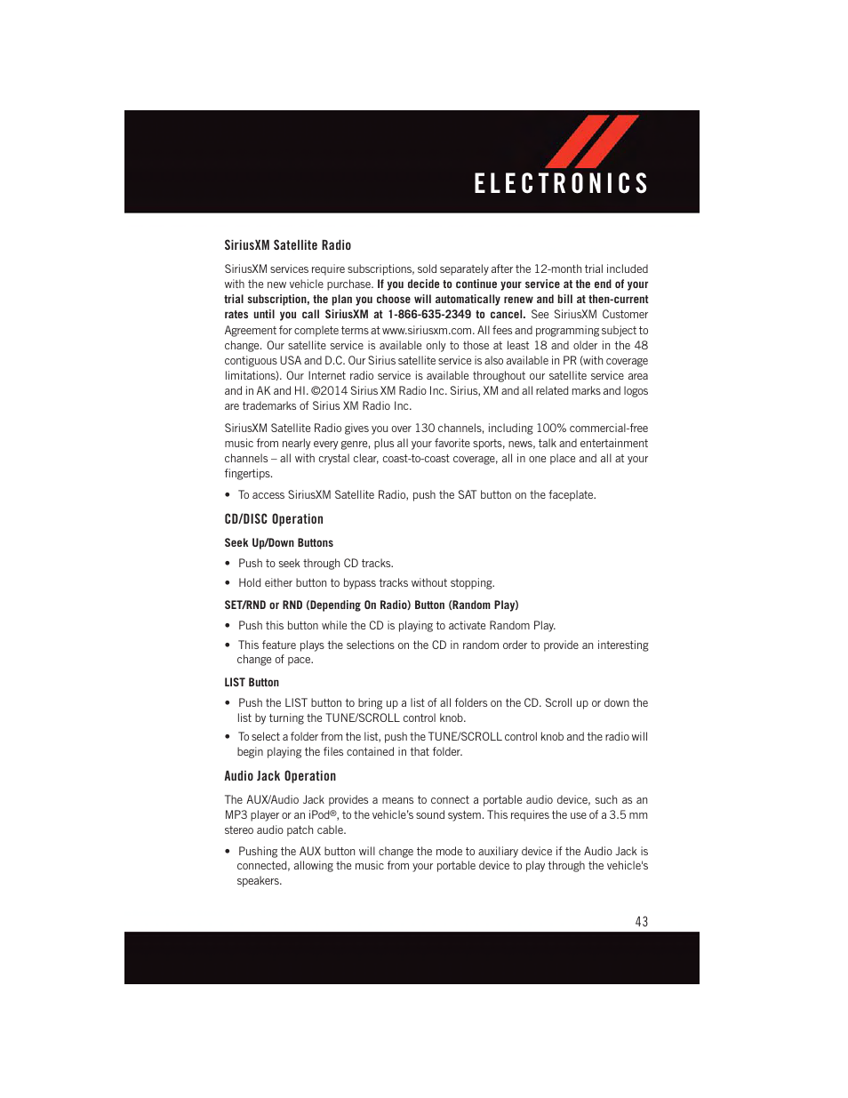 Siriusxm satellite radio, Cd/disc operation, Audio jack operation | Dodge 2015 Grand_Caravan - User Guide User Manual | Page 45 / 140