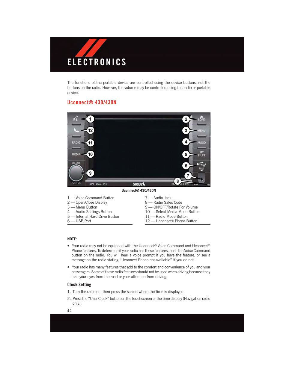 Uconnect® 430/430n, Clock setting, Uconnect | 430/430n | Dodge 2015 Grand_Caravan - User Guide User Manual | Page 46 / 140