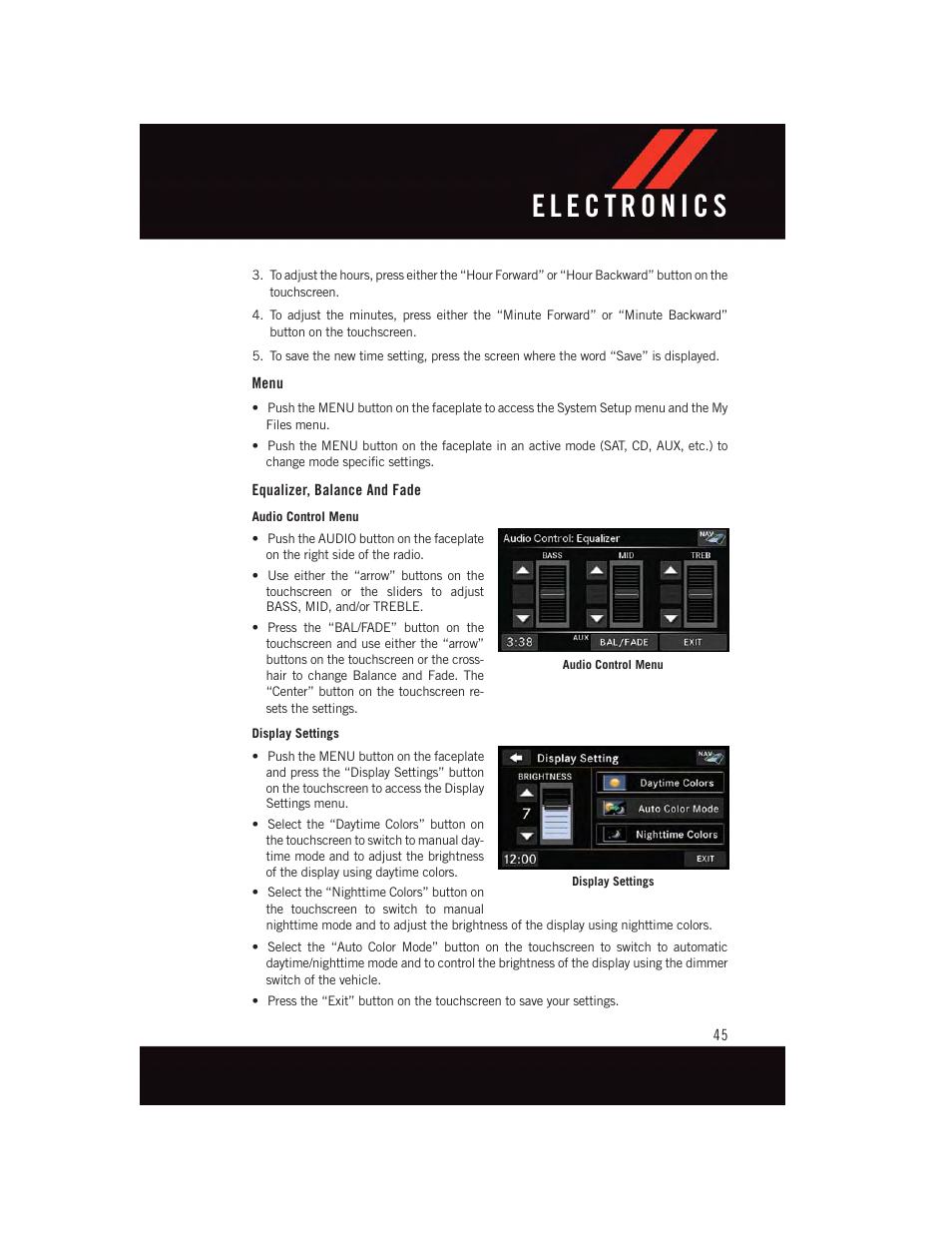 Menu, Equalizer, balance and fade | Dodge 2015 Grand_Caravan - User Guide User Manual | Page 47 / 140