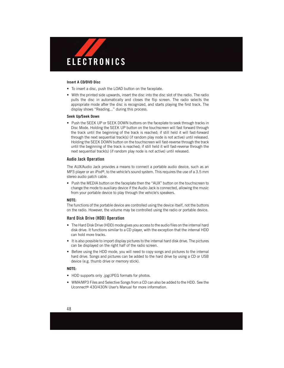 Audio jack operation, Hard disk drive (hdd) operation | Dodge 2015 Grand_Caravan - User Guide User Manual | Page 50 / 140