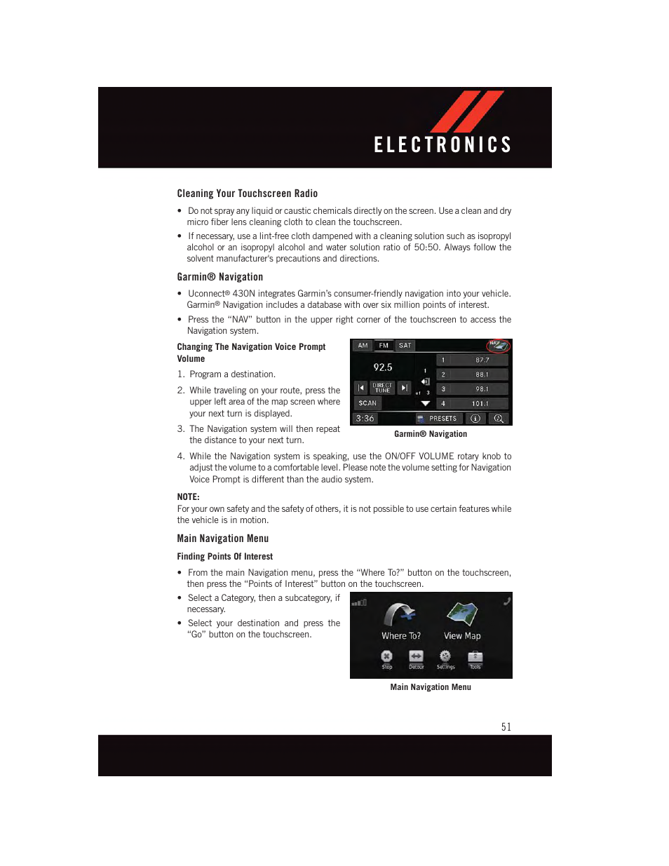 Cleaning your touchscreen radio, Garmin® navigation, Main navigation menu | Dodge 2015 Grand_Caravan - User Guide User Manual | Page 53 / 140