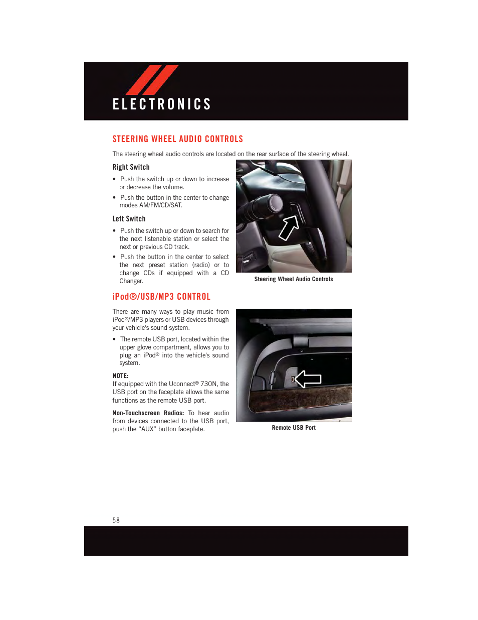 Steering wheel audio controls, Right switch, Left switch | Ipod®/usb/mp3 control, Ipod, Usb/mp3 control | Dodge 2015 Grand_Caravan - User Guide User Manual | Page 60 / 140