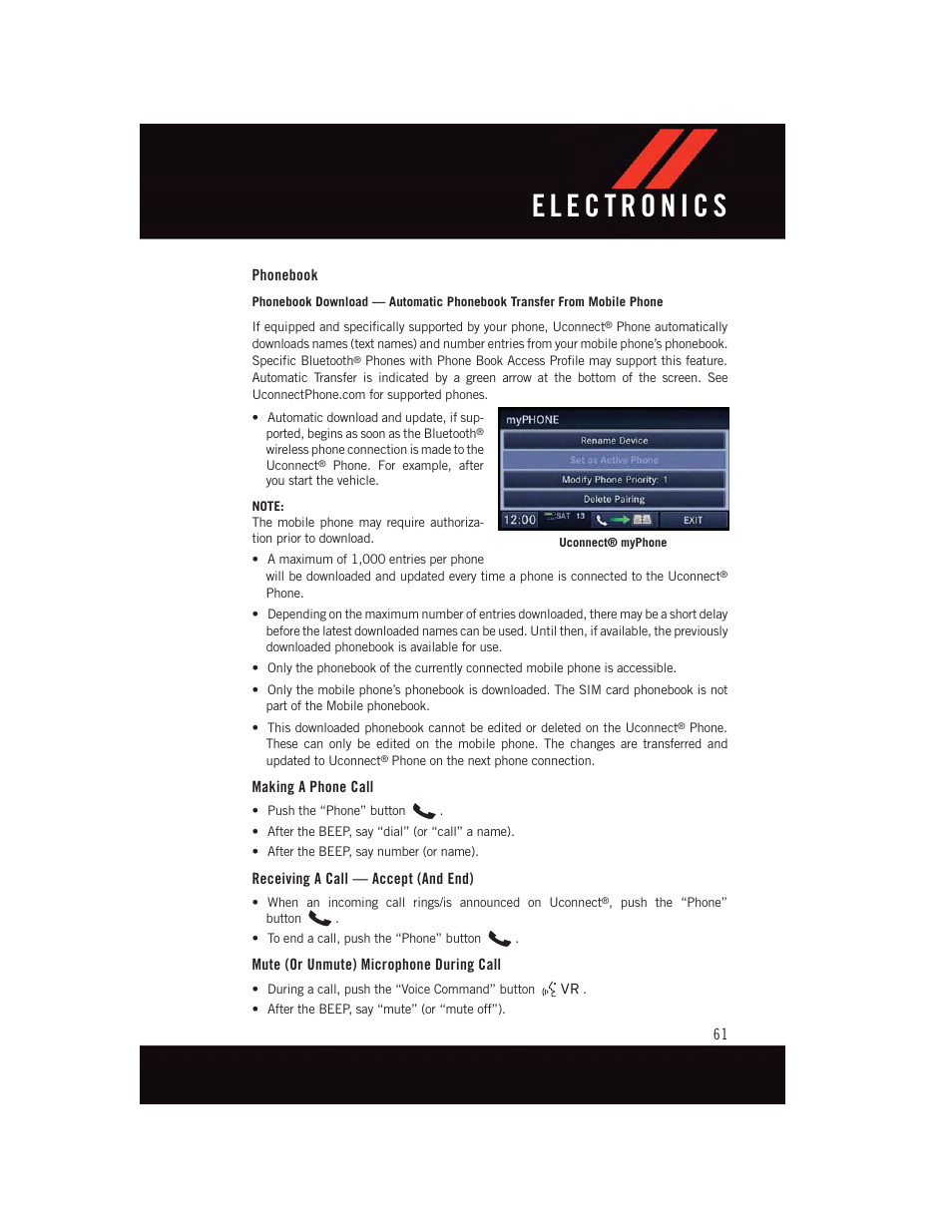 Phonebook, Making a phone call, Receiving a call — accept (and end) | Mute (or unmute) microphone during call | Dodge 2015 Grand_Caravan - User Guide User Manual | Page 63 / 140