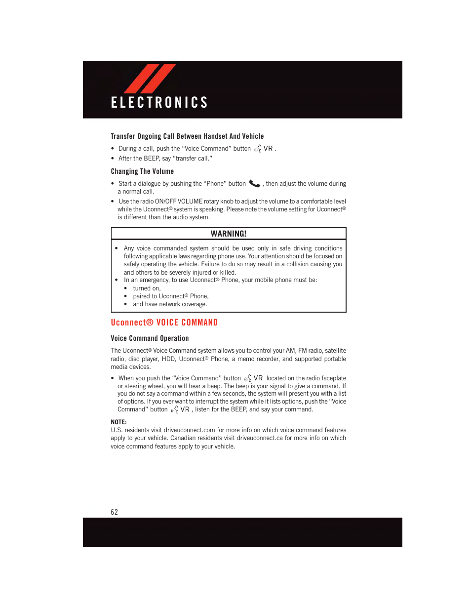 Transfer ongoing call between handset and vehicle, Changing the volume, Uconnect® voice command | Voice command operation, Uconnect, Voice command, Warning | Dodge 2015 Grand_Caravan - User Guide User Manual | Page 64 / 140