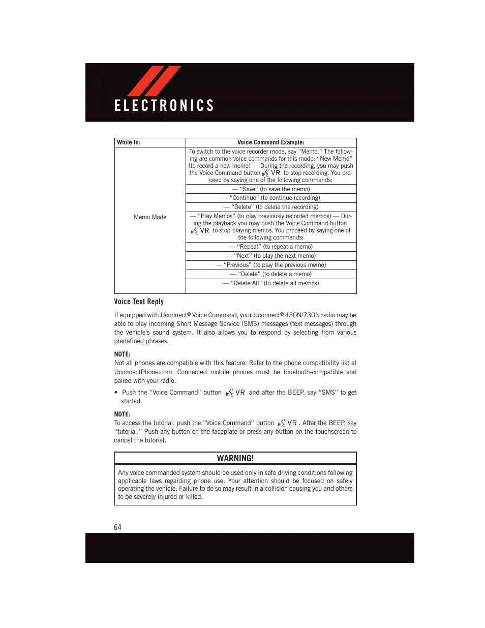 Voice text reply, Warning | Dodge 2015 Grand_Caravan - User Guide User Manual | Page 66 / 140