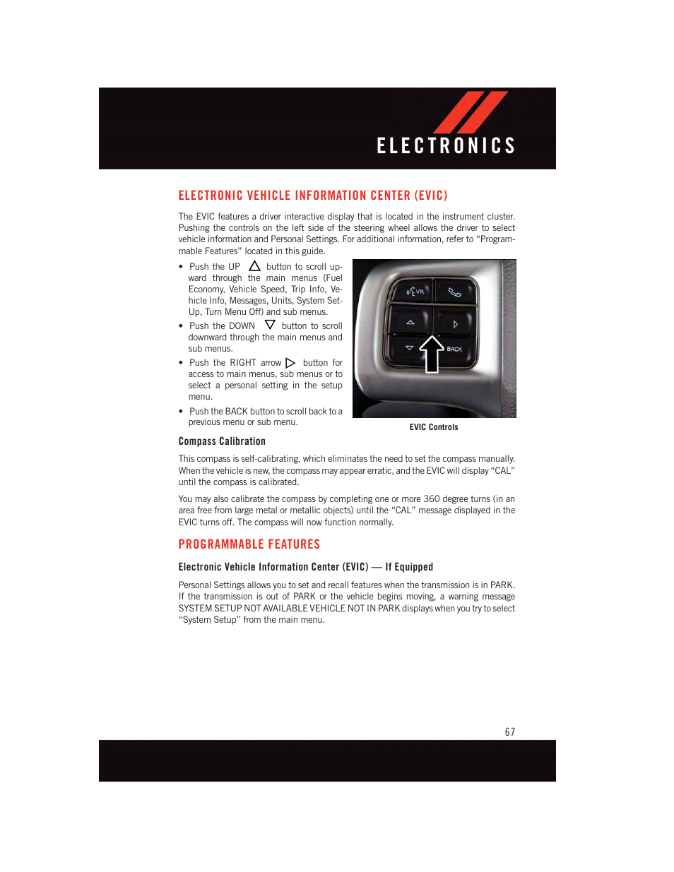 Electronic vehicle information center (evic), Compass calibration, Programmable features | Electronic vehicle information, Center (evic) | Dodge 2015 Grand_Caravan - User Guide User Manual | Page 69 / 140