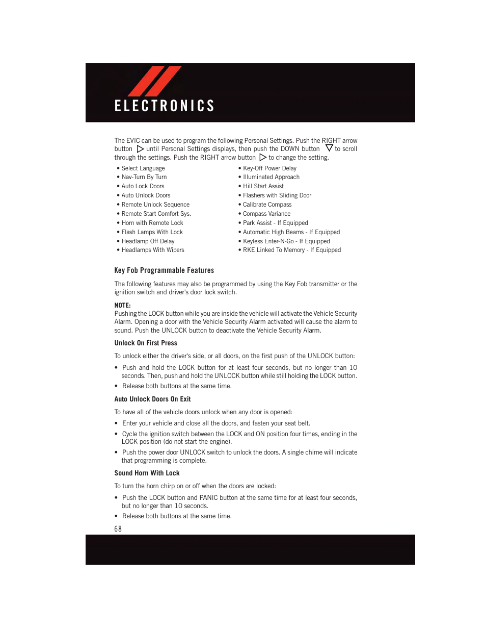 Key fob programmable features | Dodge 2015 Grand_Caravan - User Guide User Manual | Page 70 / 140