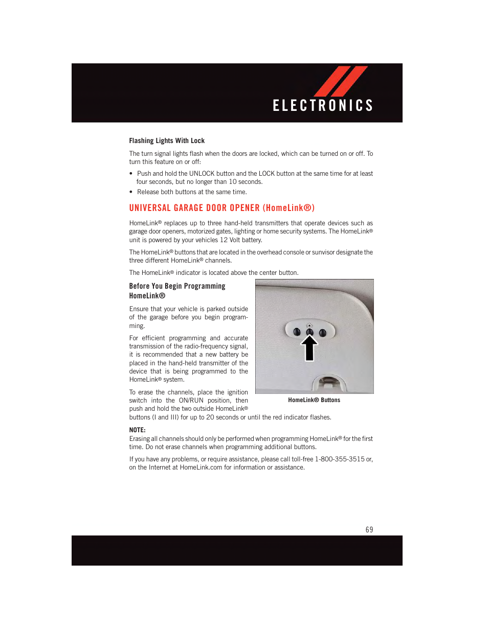 Universal garage door opener (homelink®), Before you begin programming homelink, Universal garage door opener | Homelink | Dodge 2015 Grand_Caravan - User Guide User Manual | Page 71 / 140
