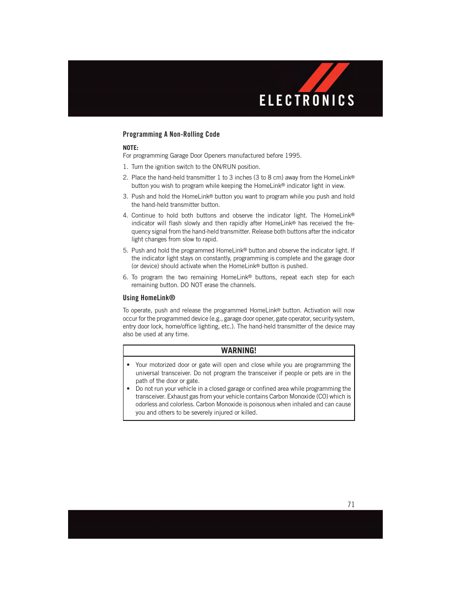 Programming a non-rolling code, Using homelink, Warning | Dodge 2015 Grand_Caravan - User Guide User Manual | Page 73 / 140