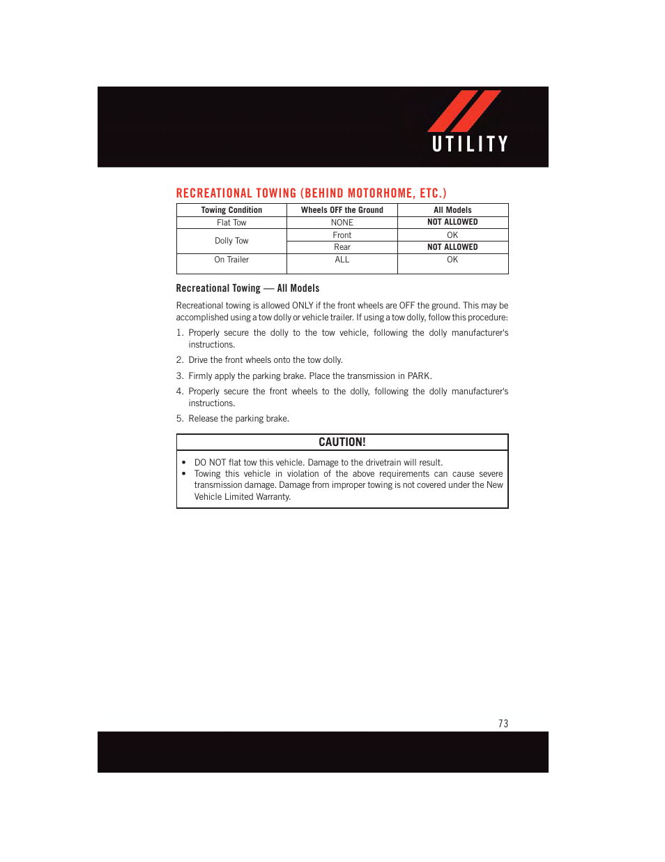 Recreational towing (behind motorhome, etc.), Recreational towing — all models, Recreational towing (behind | Motorhome, etc.) | Dodge 2015 Grand_Caravan - User Guide User Manual | Page 75 / 140