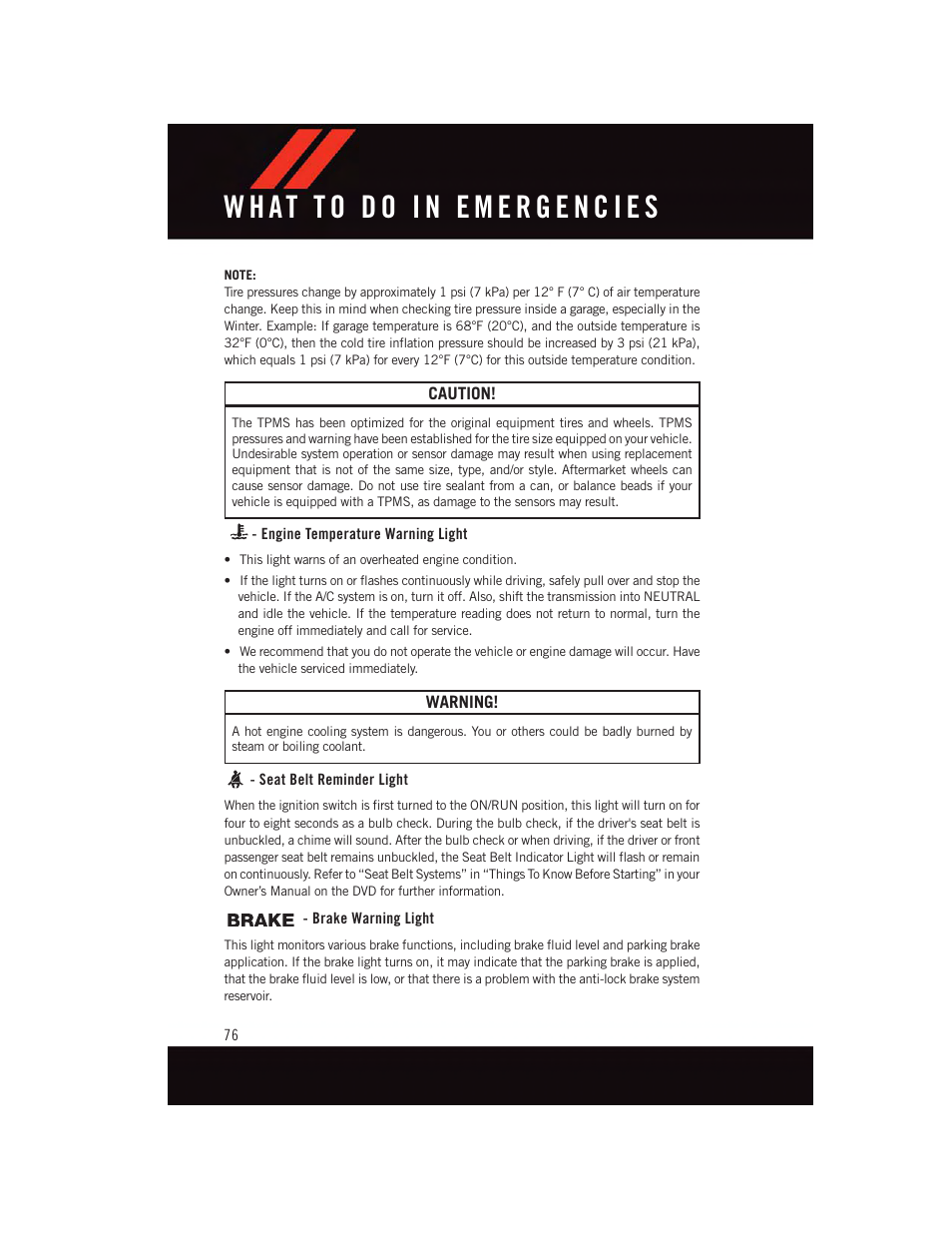 Engine temperature warning light, Seat belt reminder light, Brake warning light | Dodge 2015 Grand_Caravan - User Guide User Manual | Page 78 / 140