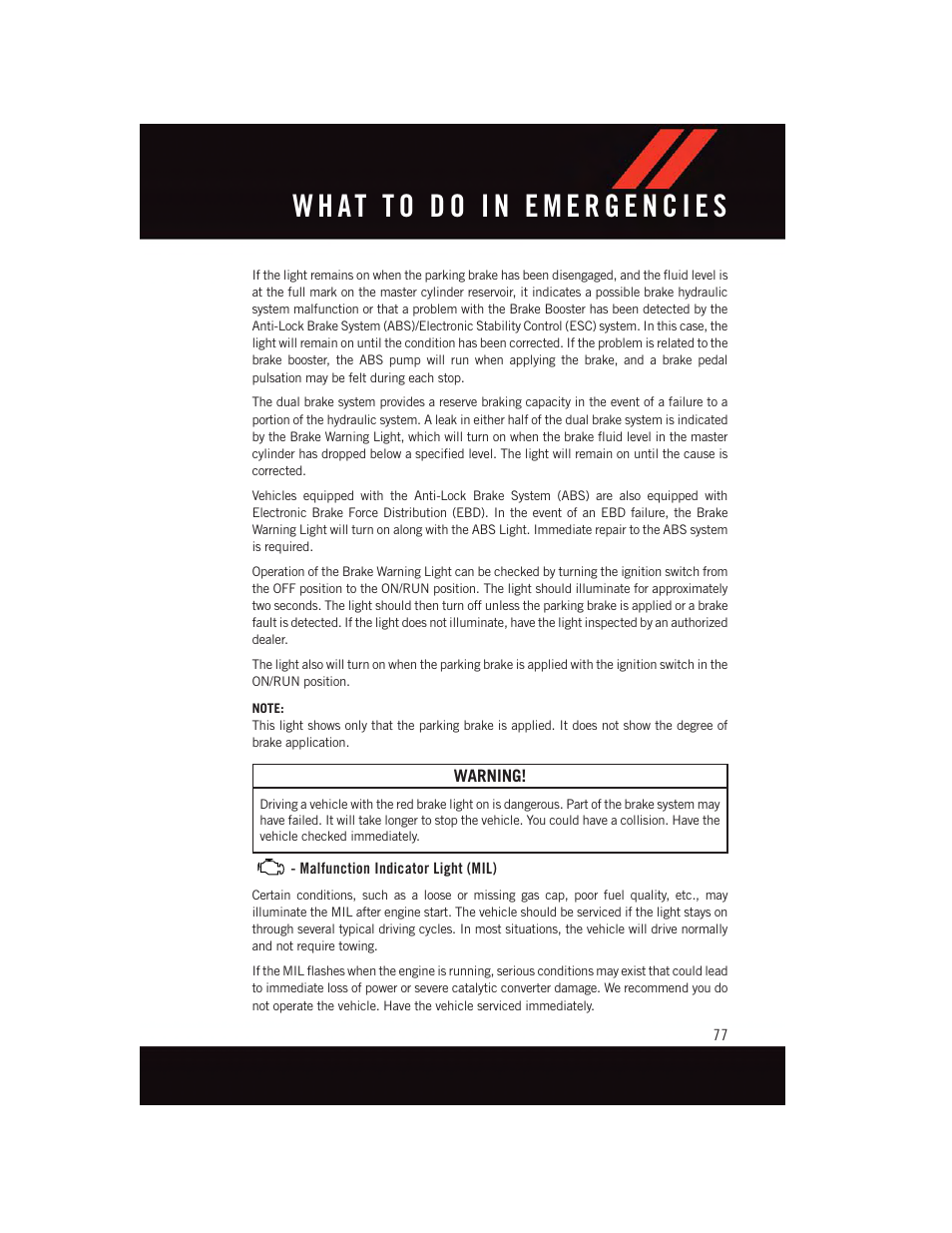 Malfunction indicator light (mil) | Dodge 2015 Grand_Caravan - User Guide User Manual | Page 79 / 140