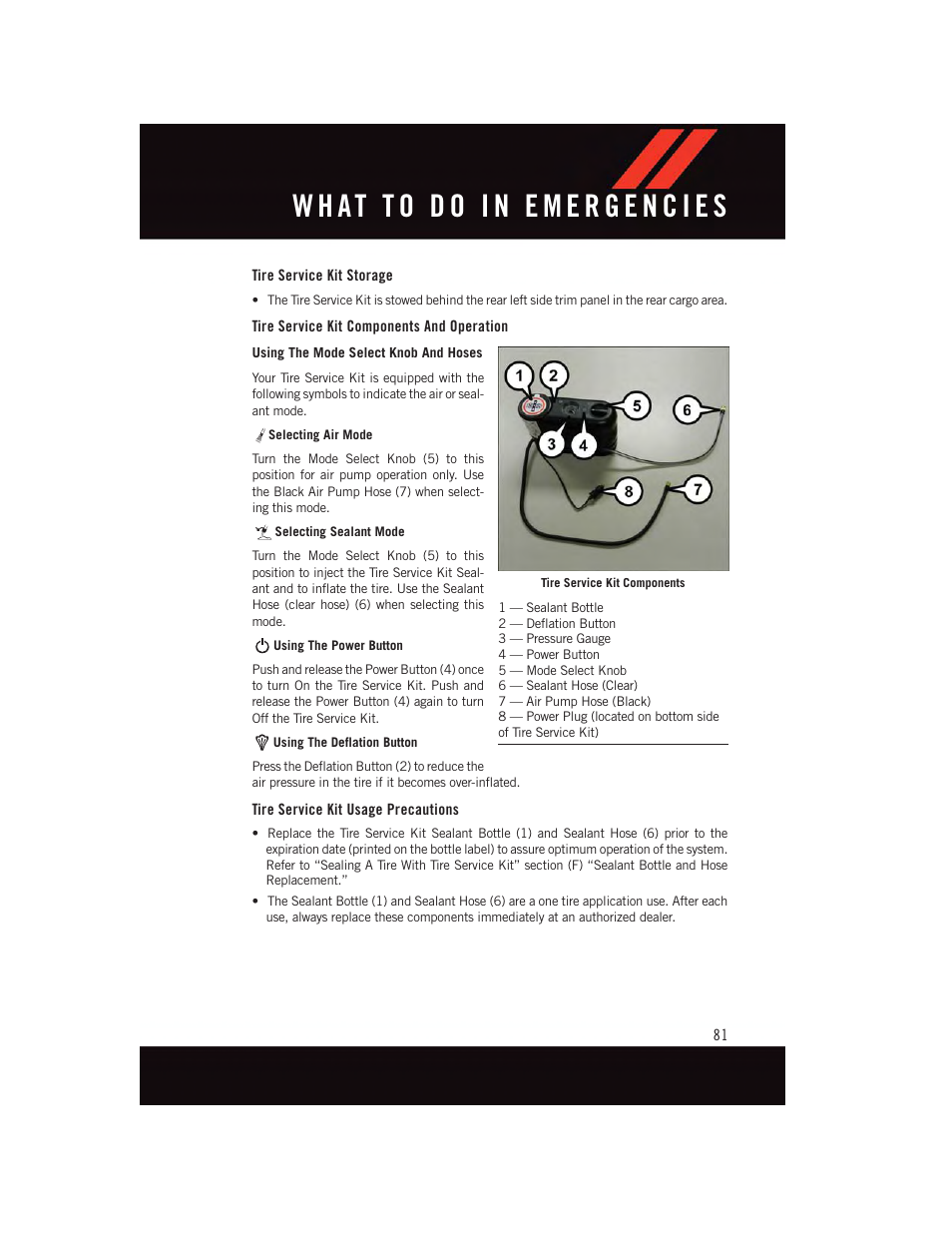 Tire service kit storage, Tire service kit components and operation, Tire service kit usage precautions | Dodge 2015 Grand_Caravan - User Guide User Manual | Page 83 / 140