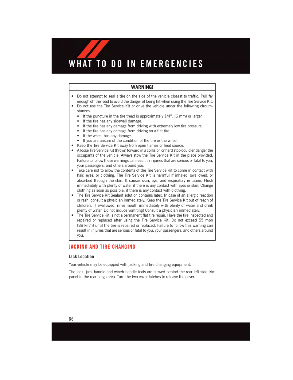 Jacking and tire changing, Jack location | Dodge 2015 Grand_Caravan - User Guide User Manual | Page 88 / 140