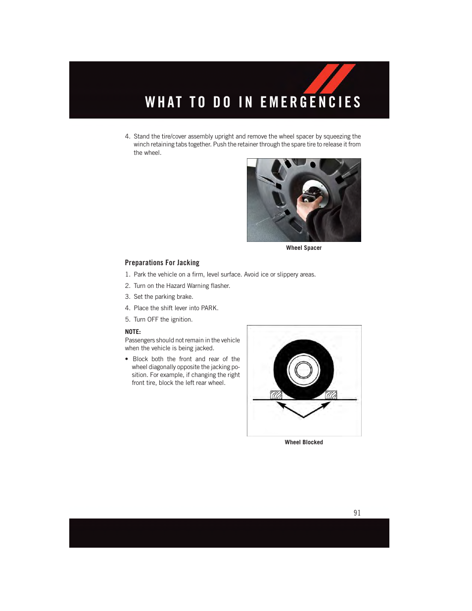 Preparations for jacking | Dodge 2015 Grand_Caravan - User Guide User Manual | Page 93 / 140