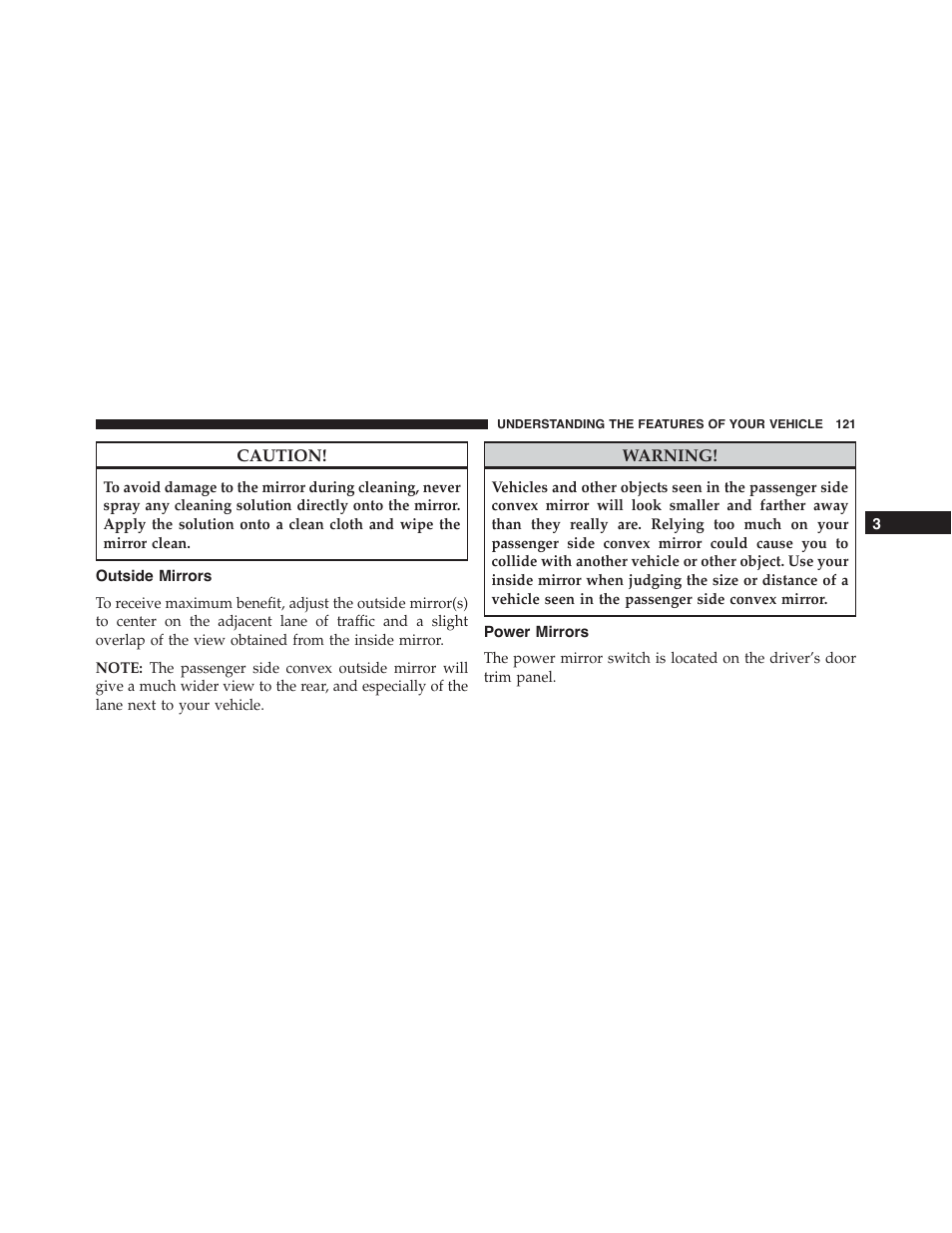 Outside mirrors, Power mirrors | Dodge 2015 Journey - Owner Manual User Manual | Page 123 / 657