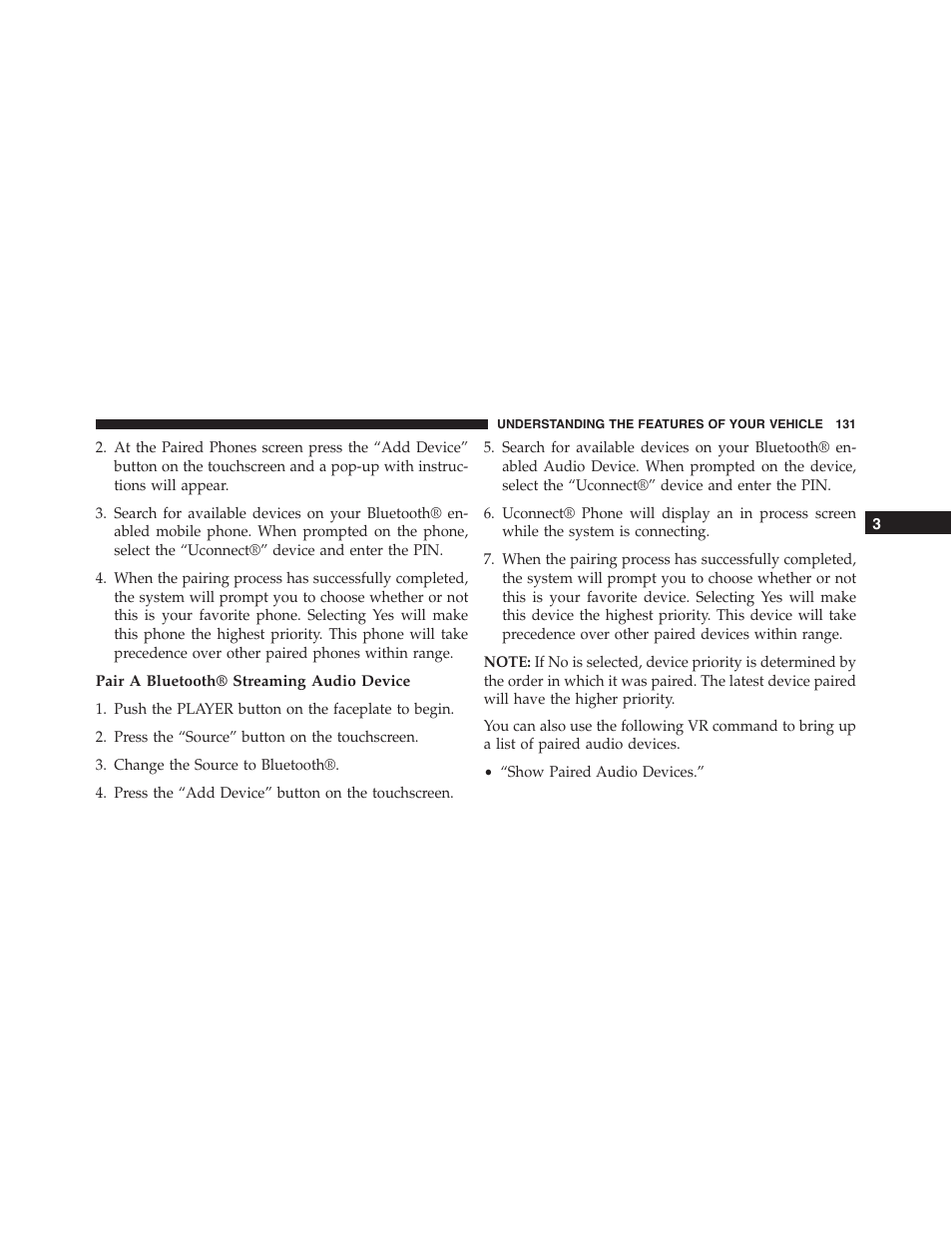 Pair a bluetooth® streaming audio device | Dodge 2015 Journey - Owner Manual User Manual | Page 133 / 657