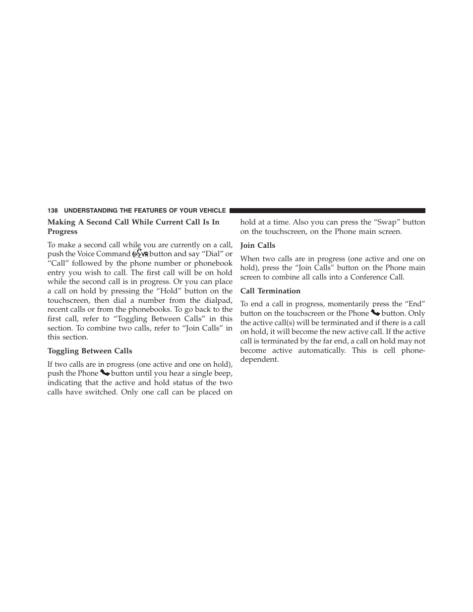 Toggling between calls, Join calls, Call termination | Dodge 2015 Journey - Owner Manual User Manual | Page 140 / 657