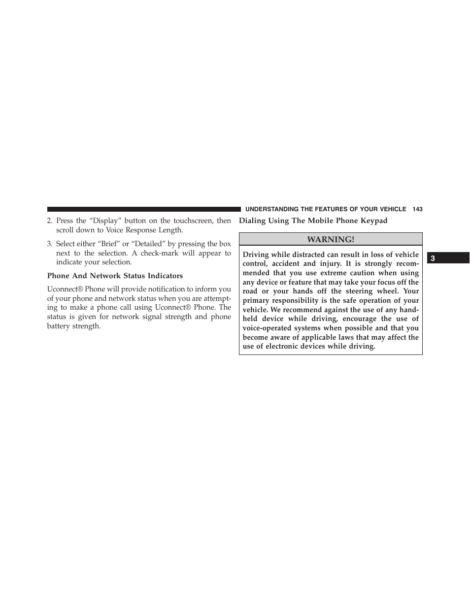 Phone and network status indicators, Dialing using the mobile phone keypad | Dodge 2015 Journey - Owner Manual User Manual | Page 145 / 657