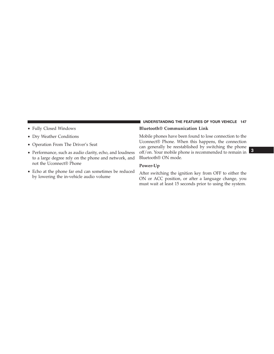 Bluetooth® communication link, Power-up | Dodge 2015 Journey - Owner Manual User Manual | Page 149 / 657