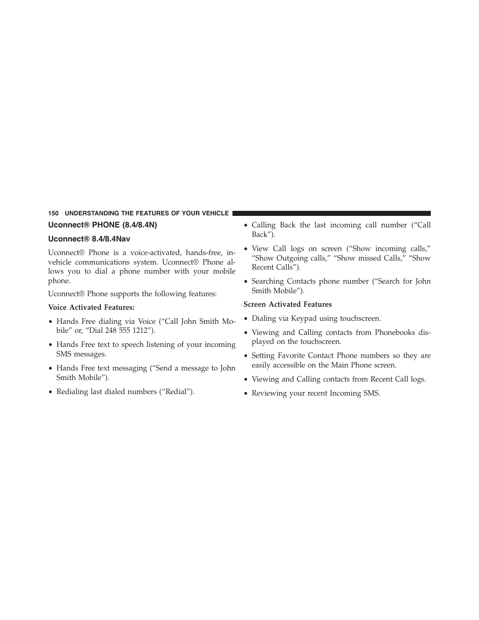 Uconnect® phone (8.4/8.4n), Uconnect® 8.4/8.4nav | Dodge 2015 Journey - Owner Manual User Manual | Page 152 / 657