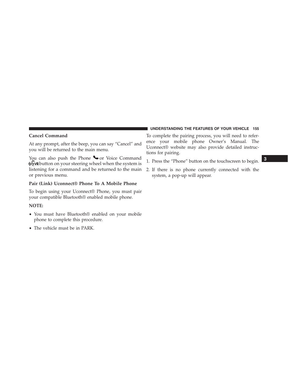 Cancel command, Pair (link) uconnect® phone to a mobile phone | Dodge 2015 Journey - Owner Manual User Manual | Page 157 / 657