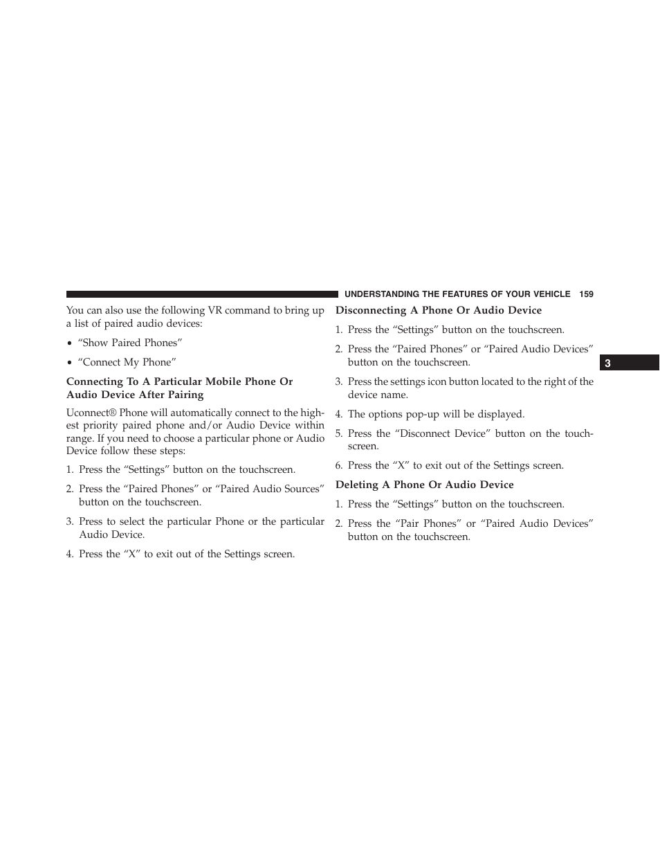 Disconnecting a phone or audio device, Deleting a phone or audio device | Dodge 2015 Journey - Owner Manual User Manual | Page 161 / 657