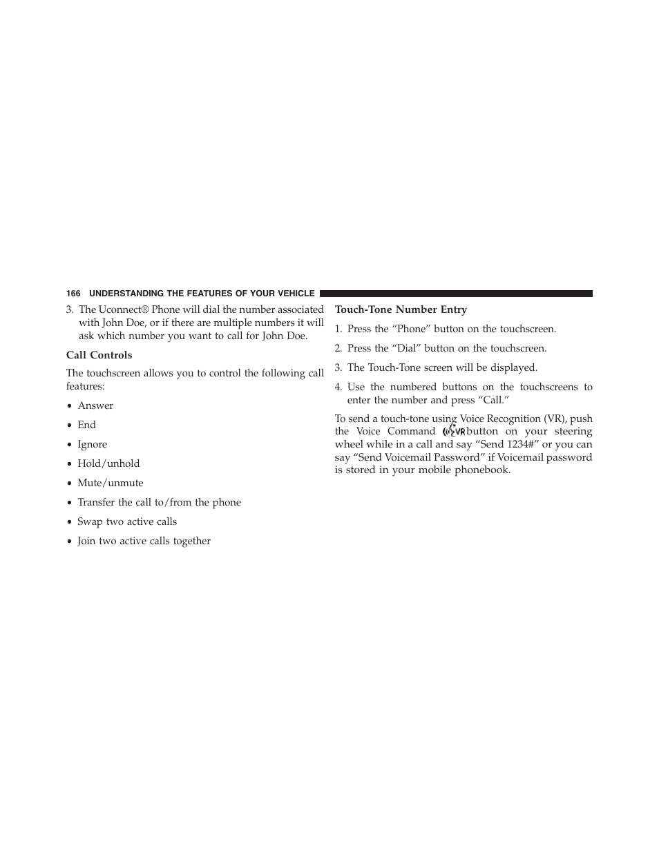 Call controls, Touch-tone number entry | Dodge 2015 Journey - Owner Manual User Manual | Page 168 / 657