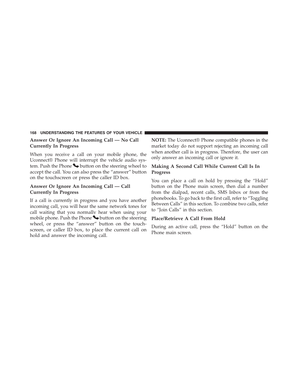 Place/retrieve a call from hold | Dodge 2015 Journey - Owner Manual User Manual | Page 170 / 657