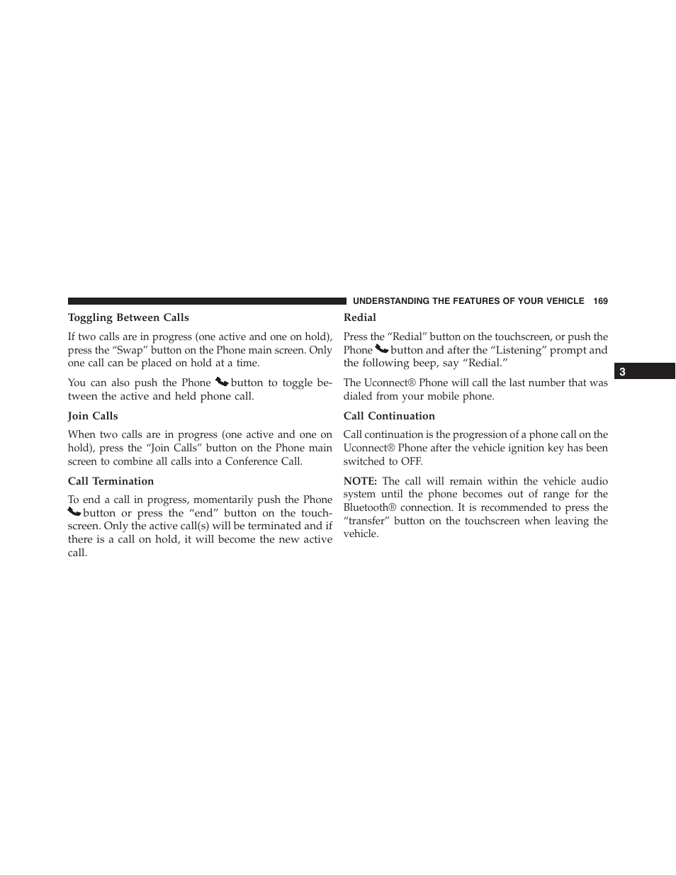 Toggling between calls, Join calls, Call termination | Redial, Call continuation | Dodge 2015 Journey - Owner Manual User Manual | Page 171 / 657