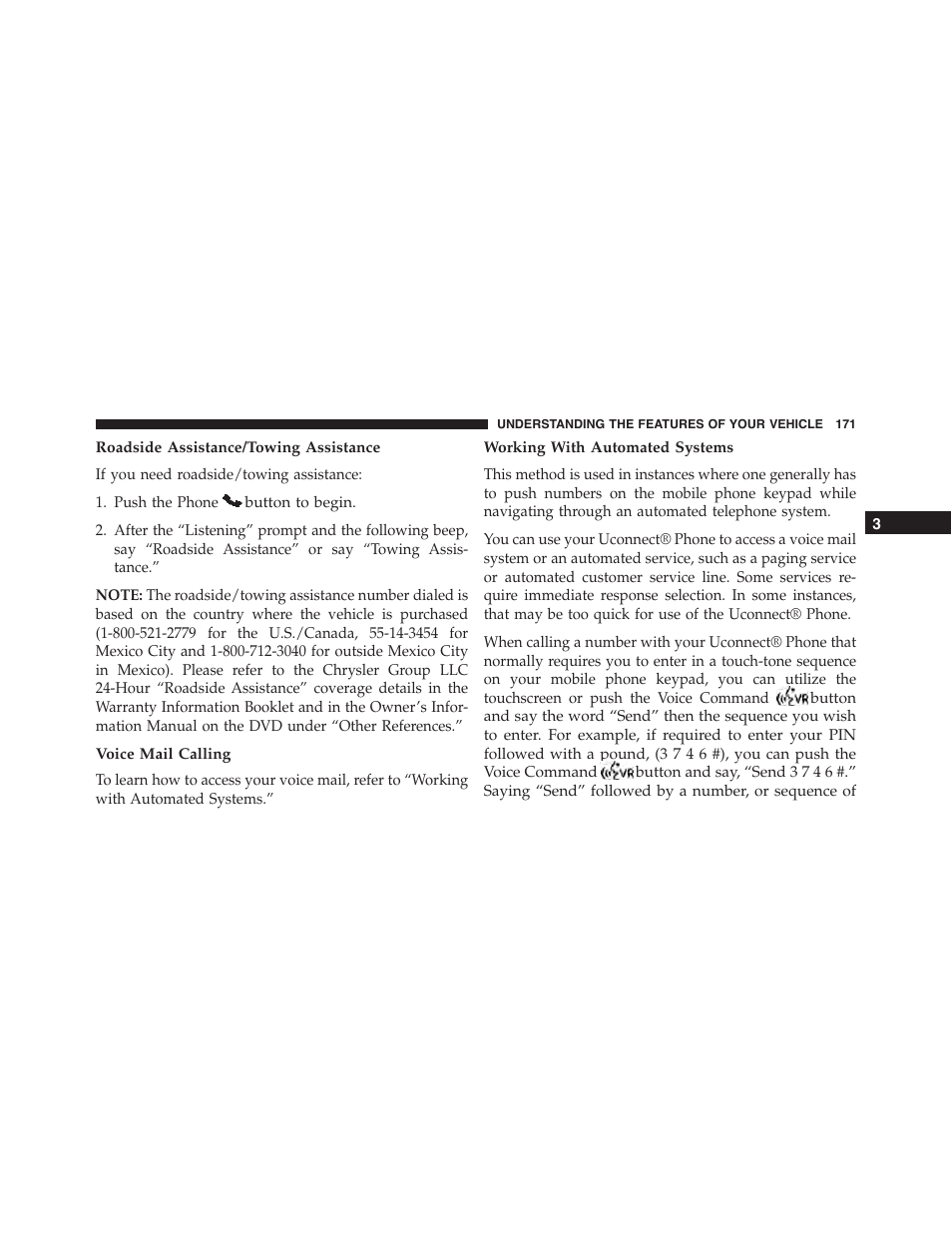 Roadside assistance/towing assistance, Voice mail calling, Working with automated systems | Dodge 2015 Journey - Owner Manual User Manual | Page 173 / 657