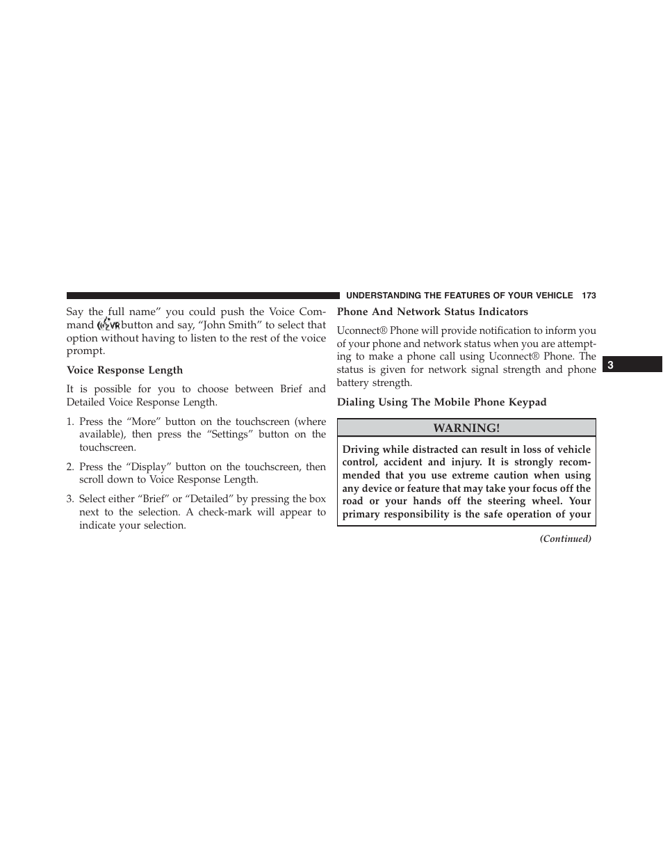 Voice response length, Phone and network status indicators, Dialing using the mobile phone keypad | Dodge 2015 Journey - Owner Manual User Manual | Page 175 / 657