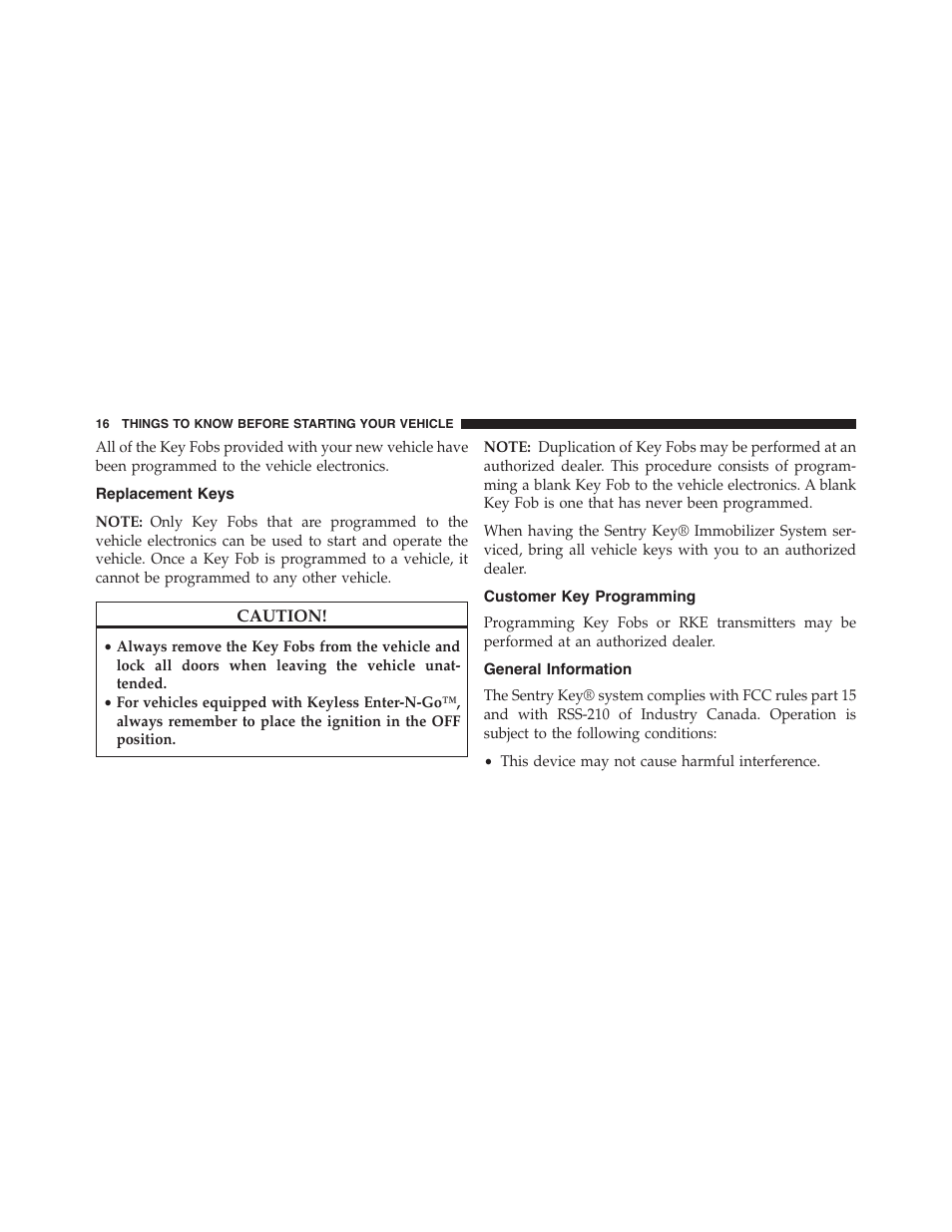 Replacement keys, Customer key programming, General information | Dodge 2015 Journey - Owner Manual User Manual | Page 18 / 657