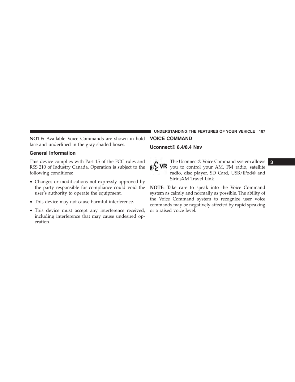 General information, Voice command, Uconnect® 8.4/8.4 nav | Dodge 2015 Journey - Owner Manual User Manual | Page 189 / 657