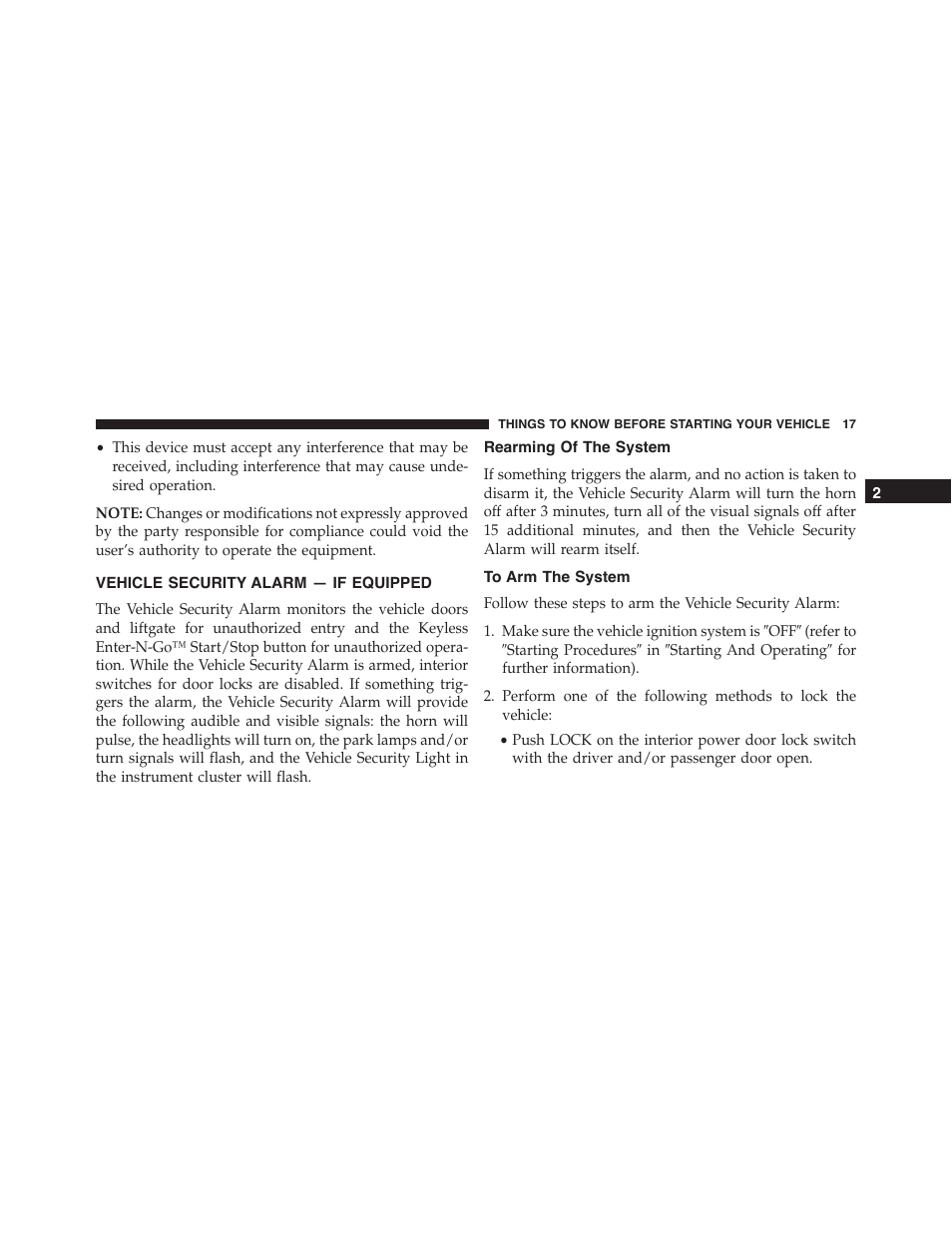 Vehicle security alarm — if equipped, Rearming of the system, To arm the system | Dodge 2015 Journey - Owner Manual User Manual | Page 19 / 657