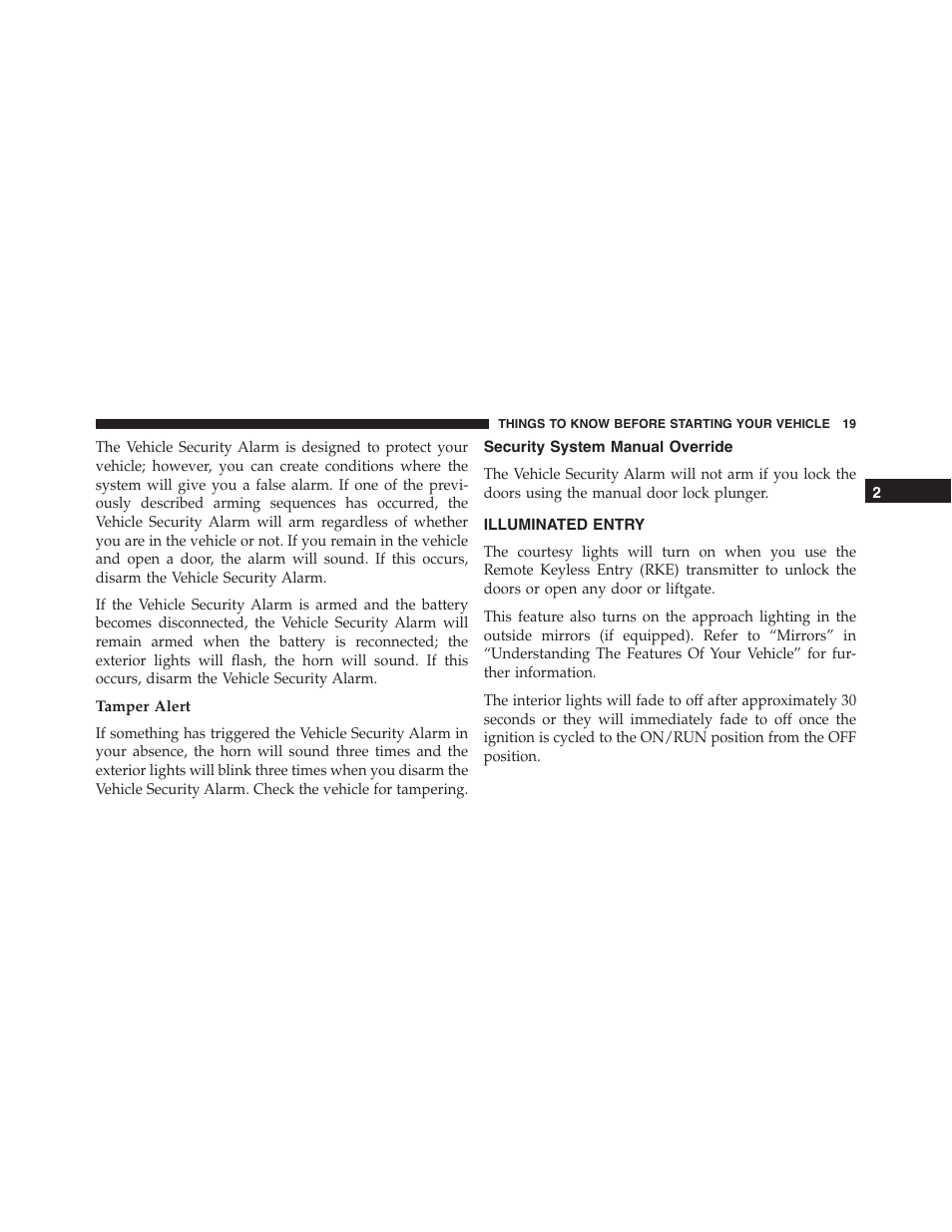 Tamper alert, Security system manual override, Illuminated entry | Dodge 2015 Journey - Owner Manual User Manual | Page 21 / 657