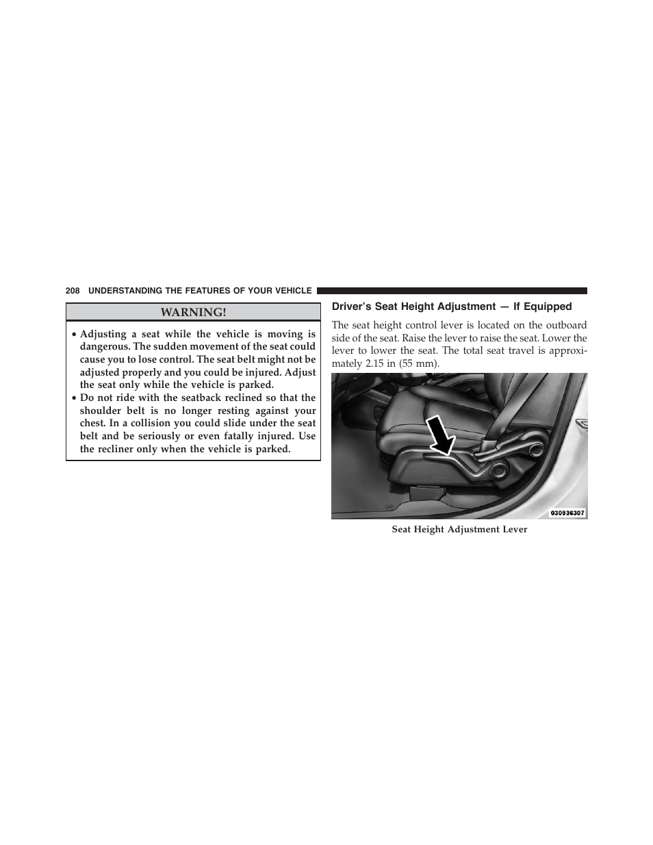 Driver's seat height adjustment — if equipped, Driver’s seat height adjustment, If equipped | Dodge 2015 Journey - Owner Manual User Manual | Page 210 / 657