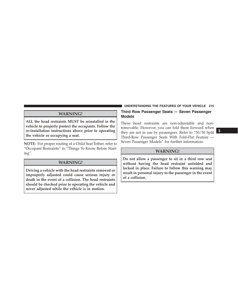 Third row passenger seats — seven passenger models, Third row passenger seats — seven passenger, Models | Dodge 2015 Journey - Owner Manual User Manual | Page 217 / 657