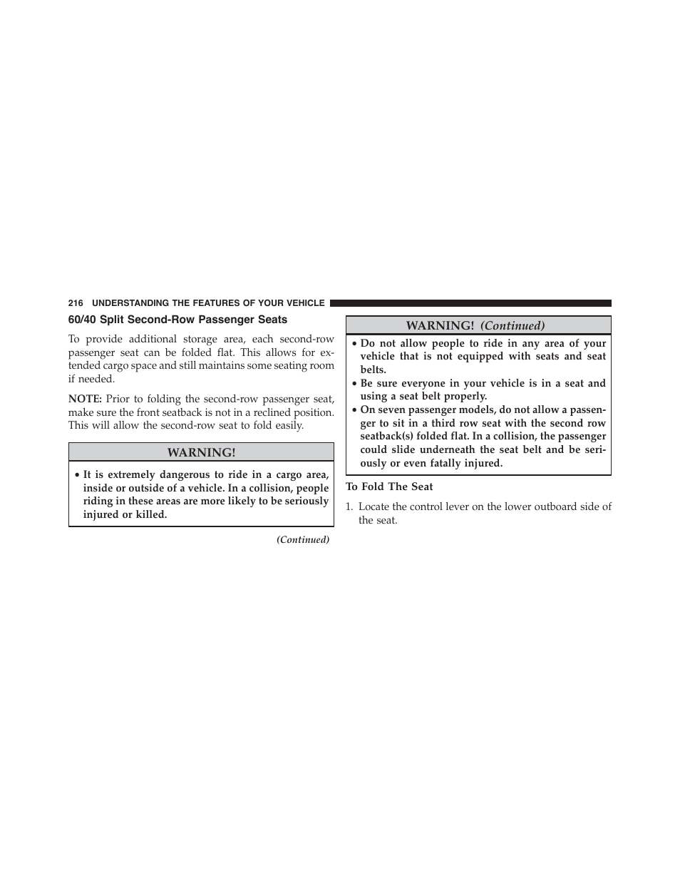 60/40 split second-row passenger seats, To fold the seat | Dodge 2015 Journey - Owner Manual User Manual | Page 218 / 657