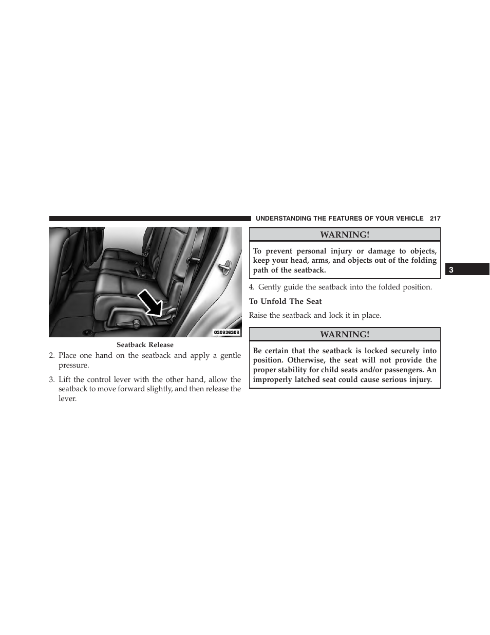 To unfold the seat | Dodge 2015 Journey - Owner Manual User Manual | Page 219 / 657
